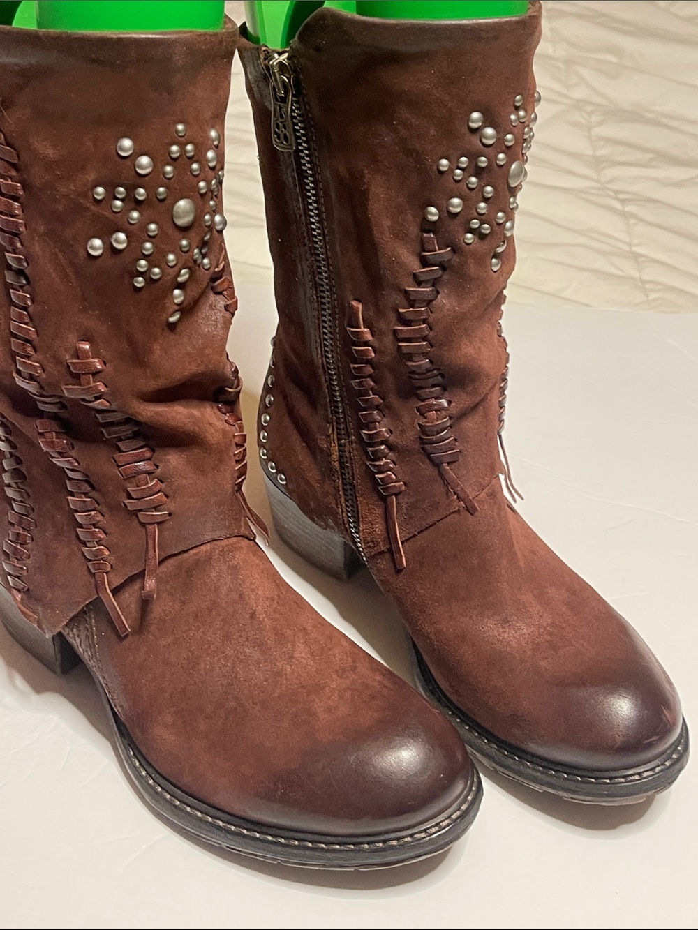 A.S.98 Women's Brown Suede Mid-Calf Boots with Stud & Lace Detail Size 7